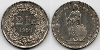 монета Швейцария 2 франка 1986 год