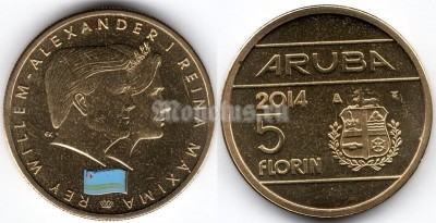 монета Аруба 5 флоринов 2014 год первый год правления Виллем-Александр