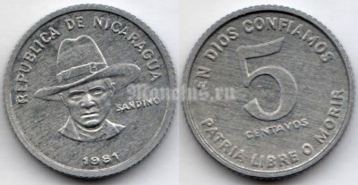 монета Никарагуа 5 сентаво 1981 год
