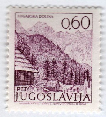 марка Югославия 0,60 динар "Mountains, Logarska Dolina" 1972 год