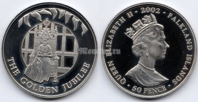 монета Фолклендские острова 50 пенсов 2002 год 50 лет правлению Королевы Елизаветы II, на троне