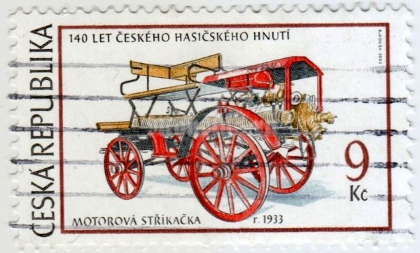 марка Чехия 9 крон "Powered fire-engine, 1933" 2003 год гашение