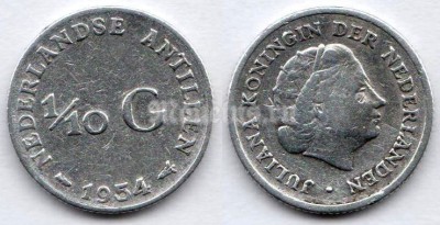 монета Нидерландские Антиллы 1/10 гульдена 1954 год королева Юлиана