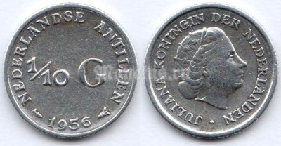 монета Нидерландские Антиллы 1/10 гульдена 1956 год королева Юлиана