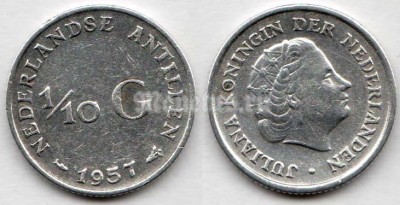 монета Нидерландские Антиллы 1/10 гульдена 1957 год королева Юлиана