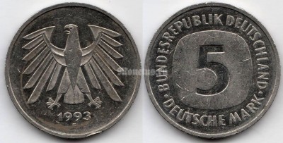 монета Германия ФРГ 5 марок 1993 год монетный двора F - Штутгарт