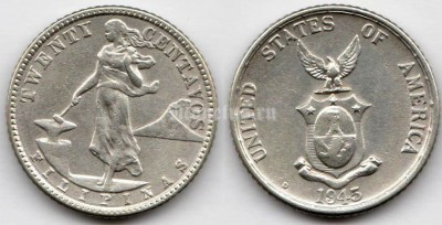 Монета Филиппины 20 центаво 1945 год