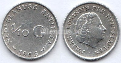 монета Нидерландские Антиллы 1/10 гульдена 1963 год королева Юлиана