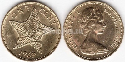 монета Багамы 1 цент 1969 год - Морская звезда