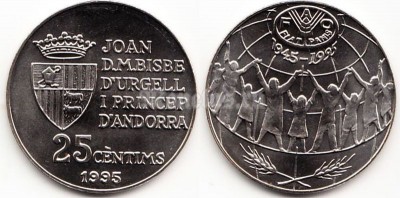 монета Андорра 25 сантим 1995 год FAO