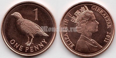 монета Гибралтар 1 пенни 2011 год Берберская куропатка