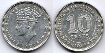 монета Малайя 10 центов 1939 год