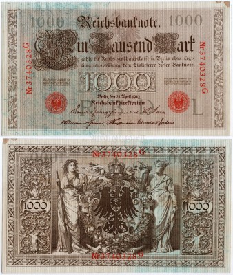 банкнота Германия 1000 марок 1910 год, красная печать