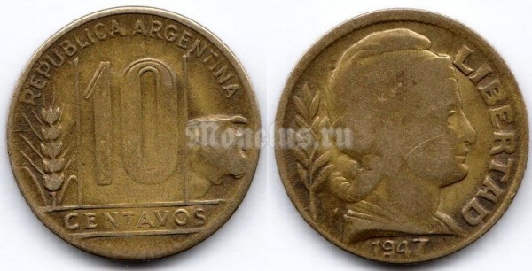 монета Аргентина 10 сентаво 1947 год
