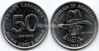монета Никарагуа 50 сентаво 1983 год Сандино
