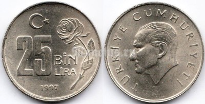 монета Турция 25 000 лир 1997 год