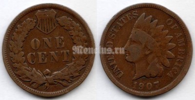 Монета США 1 цент 1907 год