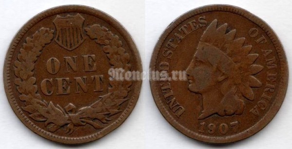 Монета США 1 цент 1907 год