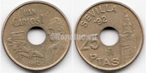 монета Испания 25 песет 1992 год - Expo'92 Sevilla. Король Хуан Карлос I