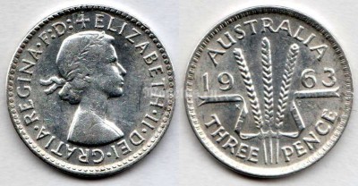 монета Австралия 3 пенса 1963 год Серебро