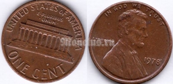 монета США 1 цент 1978 год без отметки монетного двора