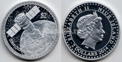 монета Ниуэ 2 доллара 2014 год Космическая станция "Союз"