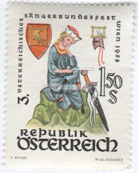 марка Австрия 1,50 шиллинга "Walther von der Vogelweide (c. 1170-c. 1230)" 1958 год
