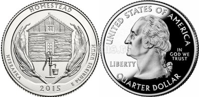 монета США 25 центов 2015 год штат Небраска Национальный монумент Гомстед, 26-й