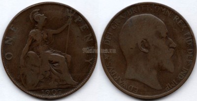 монета Великобритания 1 пенни 1907 год