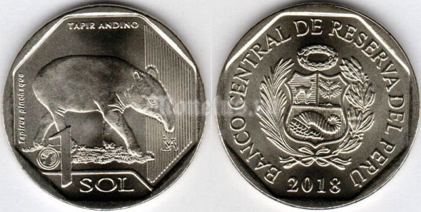 монета Перу 1 новый соль 2018 год серия Фауна Перу - Горный тапир (Tapirus pinchaque)
