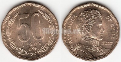 монета Чили 50 песо 1999 год UNC