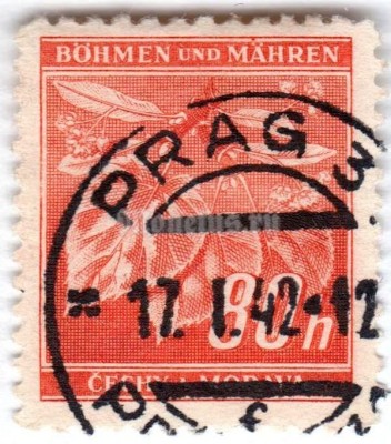 марка Богемия и Моравия 80 геллер "Lime tree branch with blossoms" 1942 год Гашение