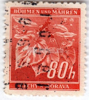 марка Богемия и Моравия 80 геллер "Lime tree branch with blossoms" 1942 год Гашение №2