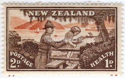 марка Новая Зеландия 2+1 пенни "Soldier & Child 2 + 1" 1946 год