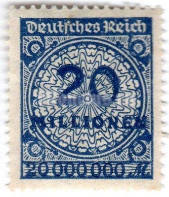 марка Немецкий Рейх 20 миллионов рейхсмарок "Value in "Millionen"" 1923 год