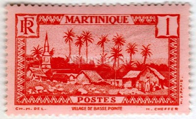 марка Мартиника 1 сантим "Поселение" 1933 год