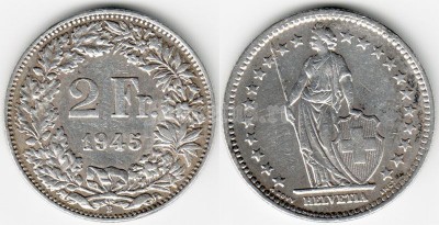 Швейцария 2 франка 1945 год HELVETIA