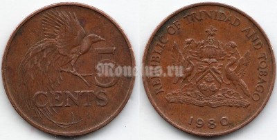 монета Тринидад и Тобаго 5 центов 1980 год