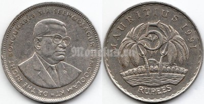 монета Маврикий 5 рупий 1991 год