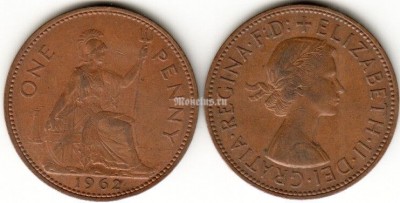 Монета Великобритания 1 пенни 1962 год