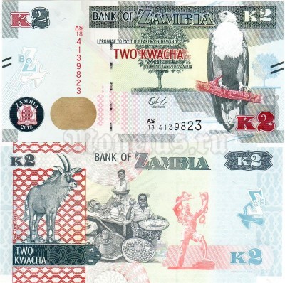 банкнота Замбия 2 квача 2018 год, с метками для слепых