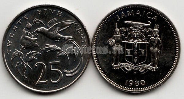 Ямайка 25 центов 1980 год колибри