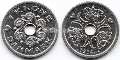 монета Дания 1 крона 1994 год