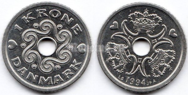 монета Дания 1 крона 1994 год