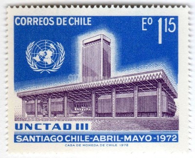 марка Чили 1,15 эскудо "Conference Hall and UN Emblem" 1972 года