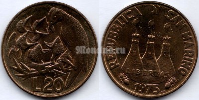 монета Сан-Марино 20 лир 1975 год Любовь у животных