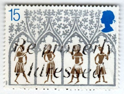 марка Великобритания 15 пенни "14th Century Peasants from Stained-glass Window" 1989 год Гашение