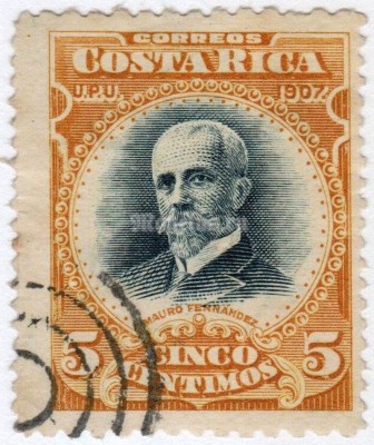 марка Коста-Рика 5 сантим "Mauro Fernández Acuńa" 1907 год гашение