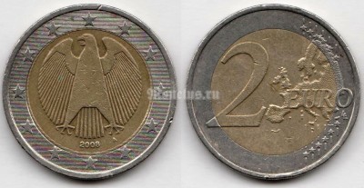монета Германия 2 евро 2008 год A