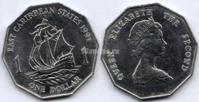 монета Восточные Карибы 1 доллар 1991 год
